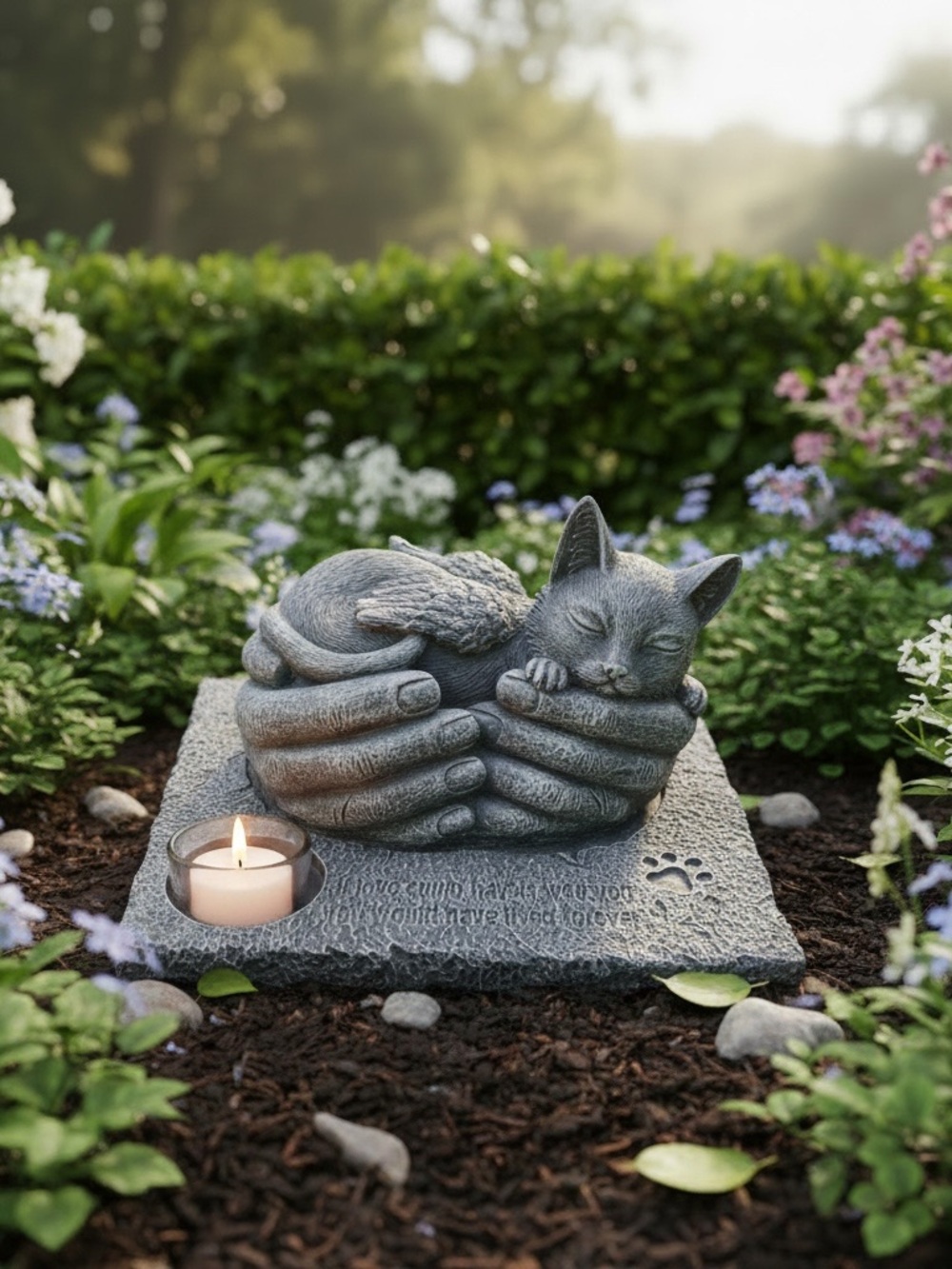 Memorial Cat Statue in Gray - Hands Holding Cat with Angel Wings w/candle